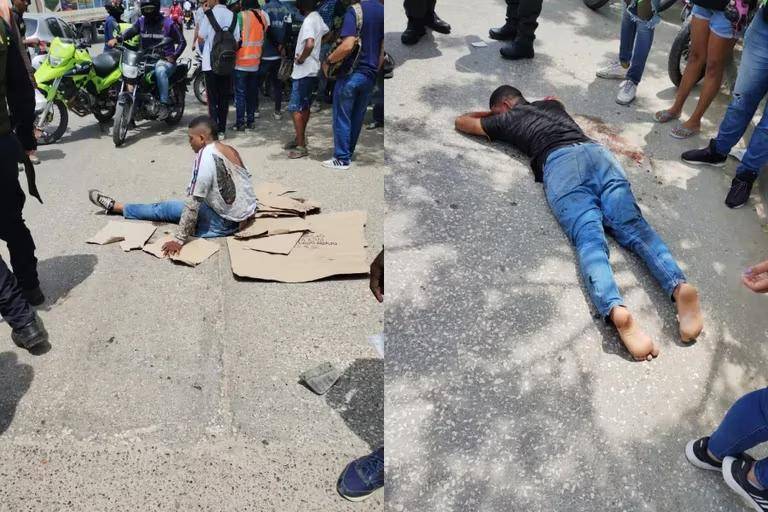 Los ladrones tras ser embestidos. Uno sobrevivió y el otro murió. FOTO: Cortesía Twitter