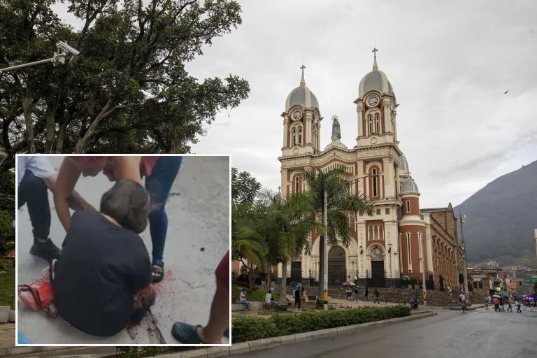 Adelante, la mujer herida en el altercado. Atrás, parque del municipio de Bello donde ocurrieron los hechos. Foto: EL COLOMBIANO y Denuncias Antioquia