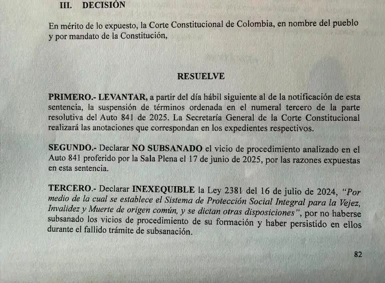 Parte resolutiva de decisión que hundiría la reforma pensional.