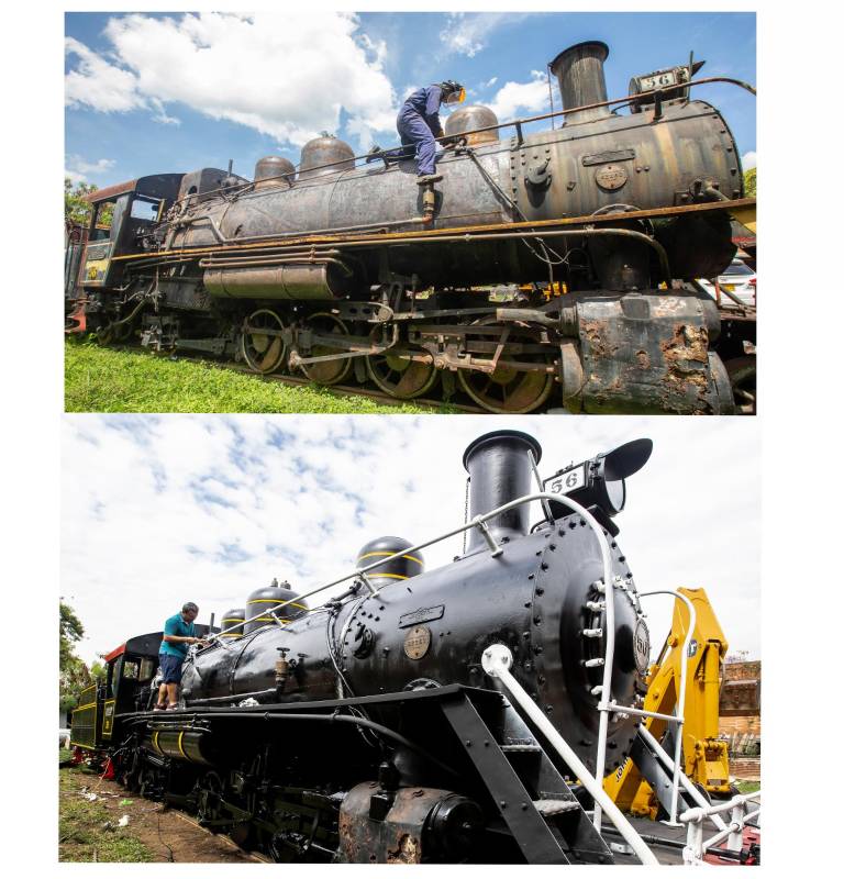 Antiguos trabajadores del desaparecido Ferrocarril de Antioquia y apasionados por la locomoción unieron sus fuerzas para rescatar de la maleza la famosa locomotora 56 que se corroía en los talleres del ferrocarril de Bello. FOTO: Esneyder Gutiérrez y Jaime Pérez