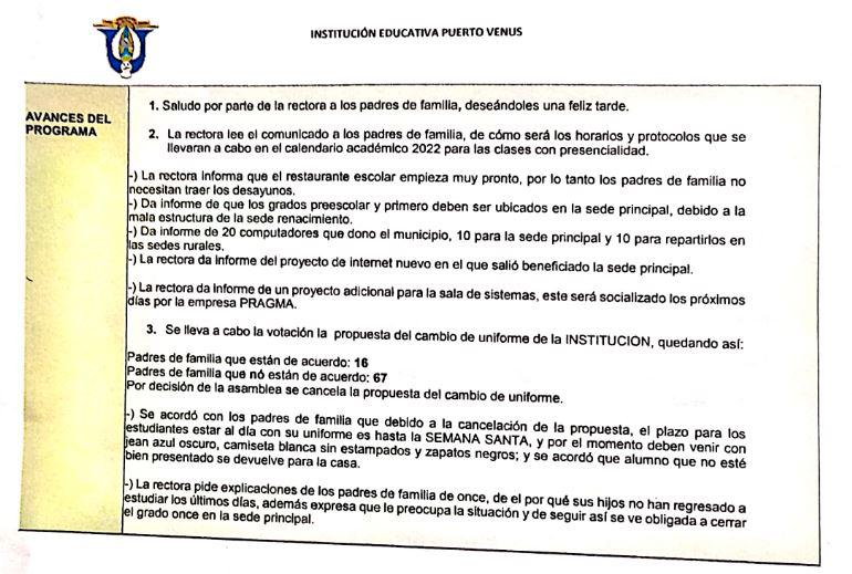 Acta de la Institución Educativa Puerto Venus en la que se especifica en su punto 3 el tema de los uniformes escolares. FOTO: Cortesía.