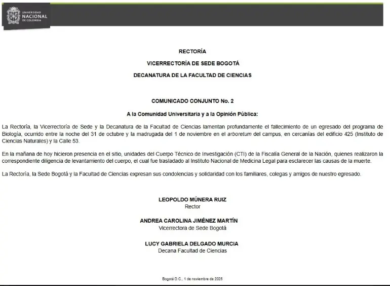 Comunicado oficial de la Universidad Nacional.