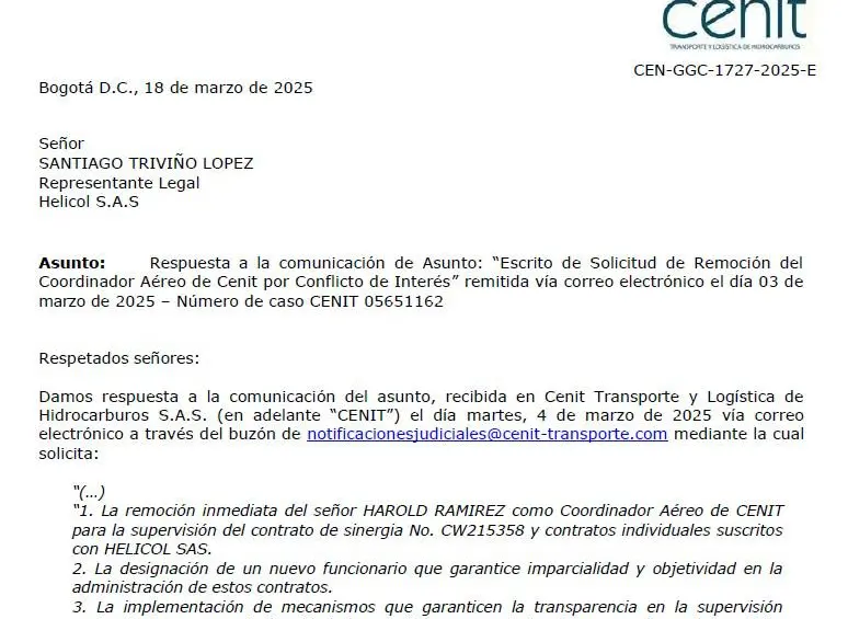 Respuesta de Cenit a Helicol tras terminación de contrato.