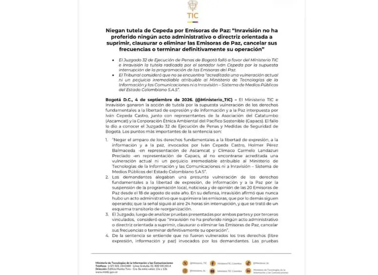 Comunicado del Ministerio de las TIC.