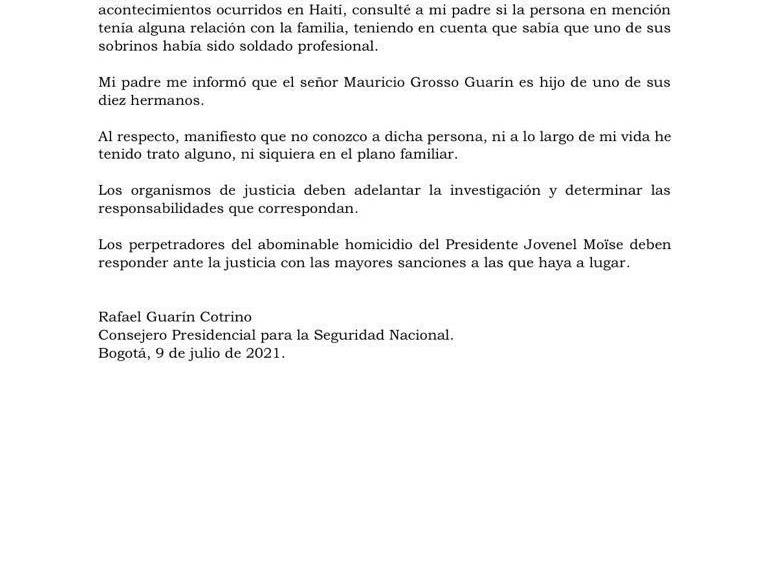Este es el comunicado que expidió el Consejero presidencial para la seguridad. FOTO Cortesía