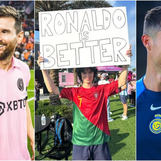 Un joven influencer se distinguió de los demás al llegar al estadio del Inter de Miami con una camiseta de Portugal y con un cartel que decía “Cristiano es mejor”. FOTO: Twitter @InterMiamiCF, @AlNassrFC_EN y LOFE