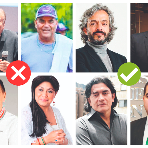 Arriba, de izquierda a derecha, Rodolfo Hernández, Santander Lopesierra; Juan Daniel Oviedo, y Jorge Rey. Abajo, de izquierda a derecha, Tuilo Gómez, Oneida Pinto, Gustavo Bolívar y Julián Bedoya. FOTO: ARCHIVO PARTICULAR