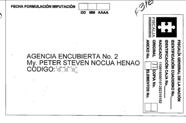 Carátula de la carpeta de agencia encubierta adelantada por Nocua. 