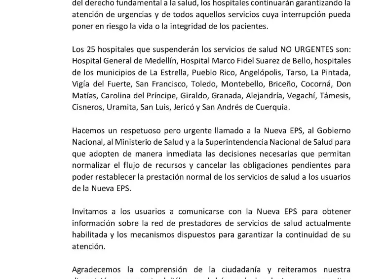 25 hospitales de Antioquia les cierran las puertas a la Nueva EPS por incumplimientos en pagos 