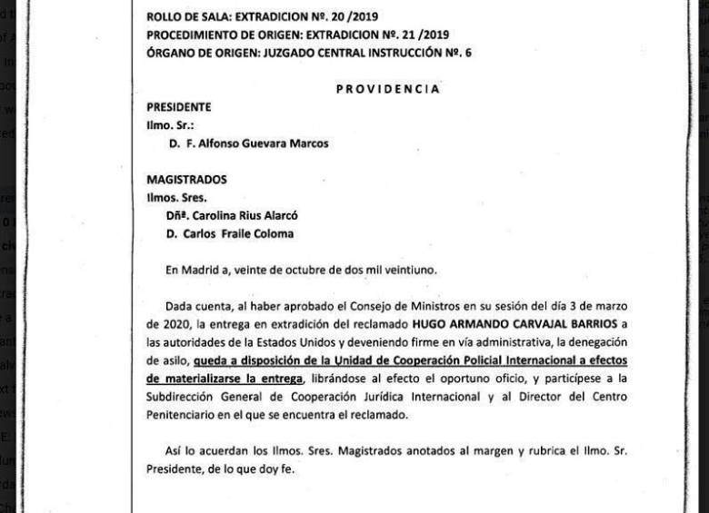 Providencia que avala extradición de Hugo Carvajal a Estados Unidos.