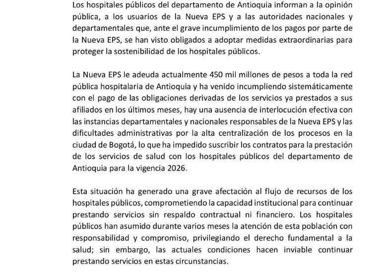 25 hospitales de Antioquia les cierran las puertas a la Nueva EPS por incumplimientos en pagos 