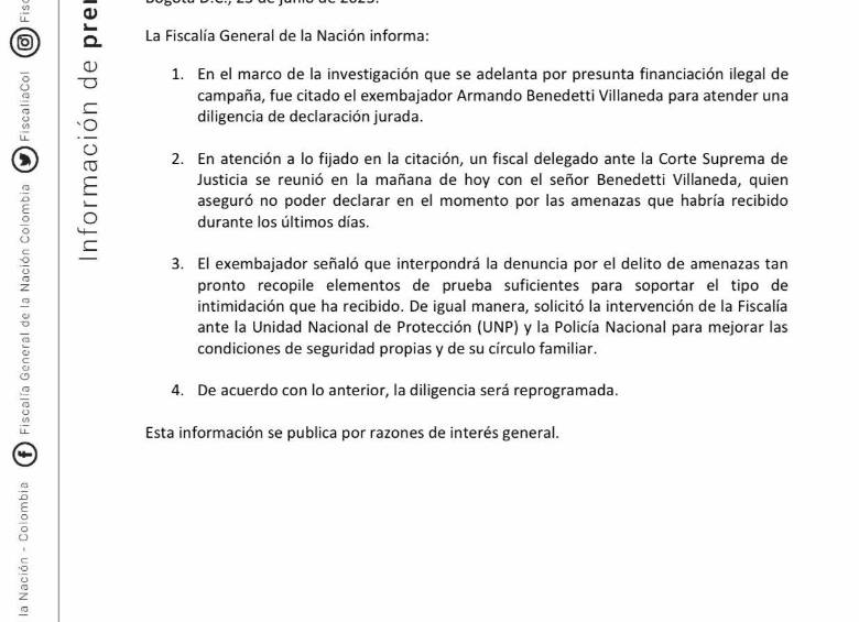 Fiscalía ya tuvo encuentro con Benedetti, pero se negó a declarar por las amenazas en su contra