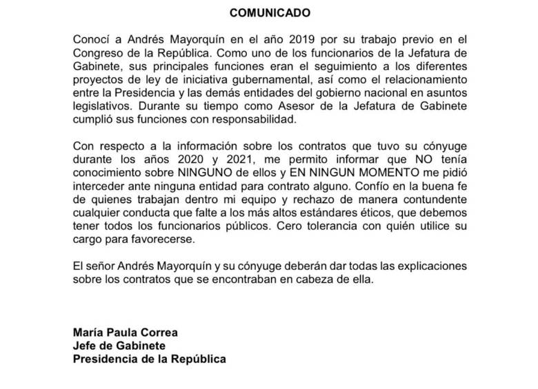 En el primer pronunciamiento Correa explicó que conoció a Mayorquín por su trabajo en el Congreso en 2019 y detalló sus funciones. Las cuales fueron cumplidas “con responsabilidad”. FOTO: Tomada de Twitter @mariapcorrea.