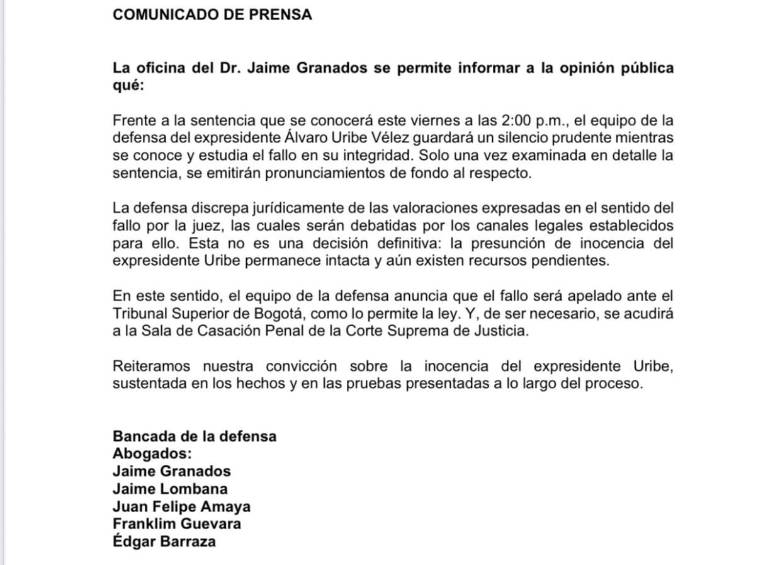 “La presunción de inocencia del expresidente Uribe permanece intacta y aún existen recursos pendientes”: Jaime Granados