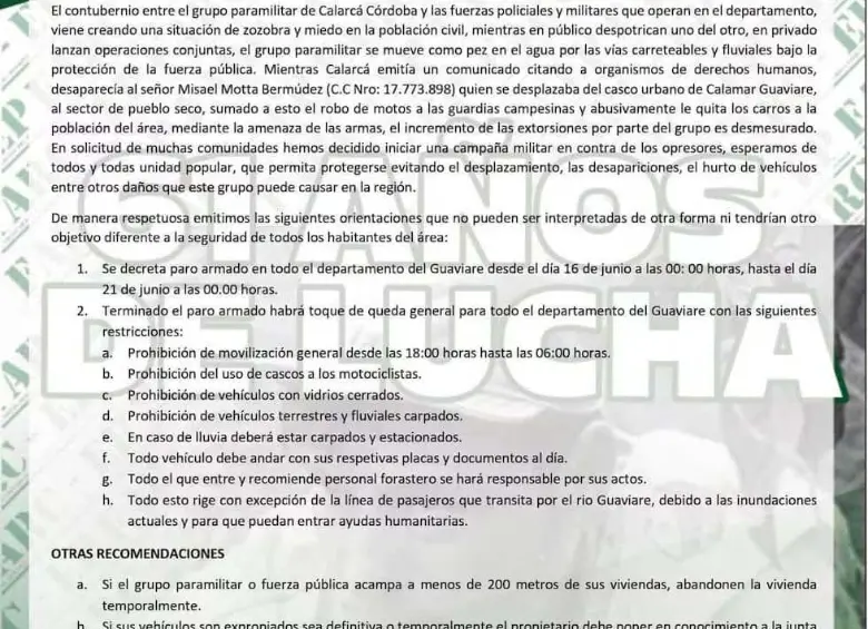 Comunicado de las disidencias de Iván Mordisco. FOTO: redes sociales. 