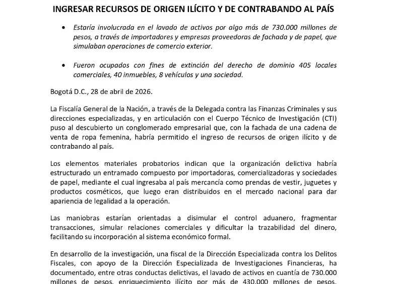Tras meses de investigación, el lunes sus agentes llegaron hasta 59 ciudades del país a imponer medidas con fines de extinción en 405 locales, al tratarse de un supuesto entramado que con la fachada de la reconocida marca habría lavado 730.000 millones de pesos.