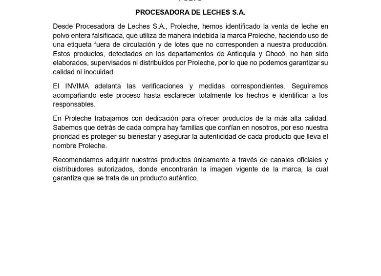 Este es el comunicado que compartió Proleche sobre la falsificación de sus productos. 