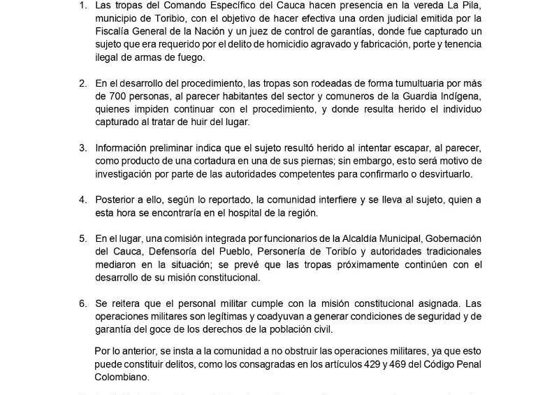 Comunicado del Ejército sobre lo que pasó en Cauca.