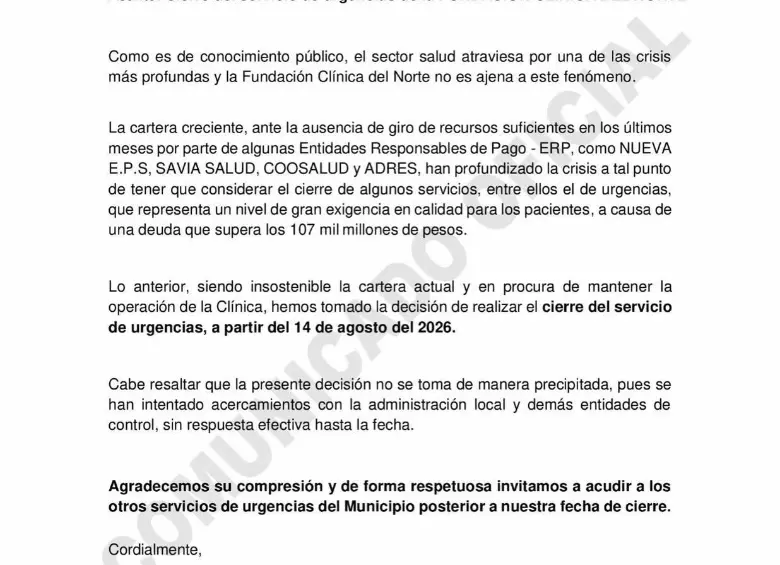 Clínica del Norte, en Bello, cerrará servicio de urgencias desde el 14 de agosto por crisis financiera y millonaria deuda