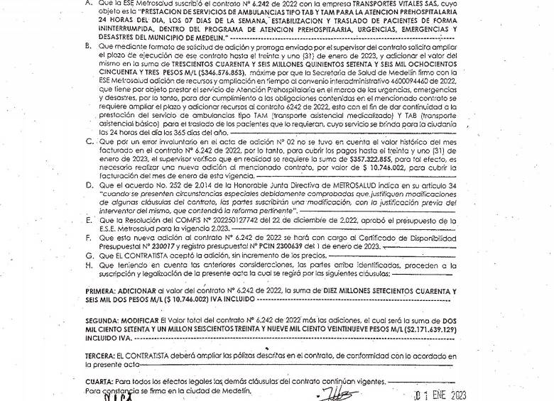 Adición del contrato entre Metrosalud y Tranvital.
