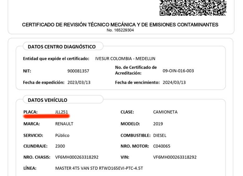 Este es el documento de la revisión técnico-mecánica del vehículo que arrolló al canino en Itagüí y que fue dado a conocer por Cambio Colombia. FOTO: TOMADA DE CAMBIO COLOMBIA