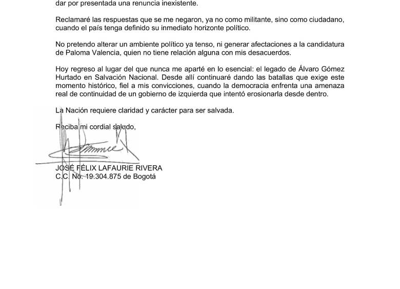 Carta de renuncia de José Félix Lafaurie al Centro Democrático. Foto: redes sociales