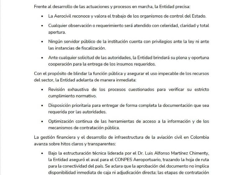 Comunicado de la Aerocivil. FOTO: Aerocivil.