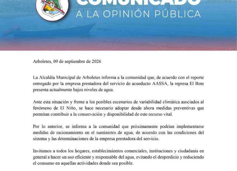Arboletes, en Antioquia, está en riesgo de quedarse sin agua