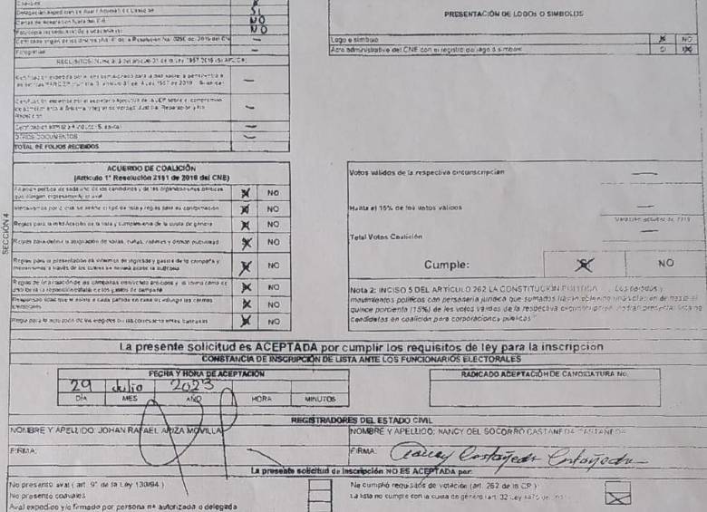 Formulario E6 de inscripción de la lista del Pacto Histórico al Concejo de Medellín, sin información de la hora.