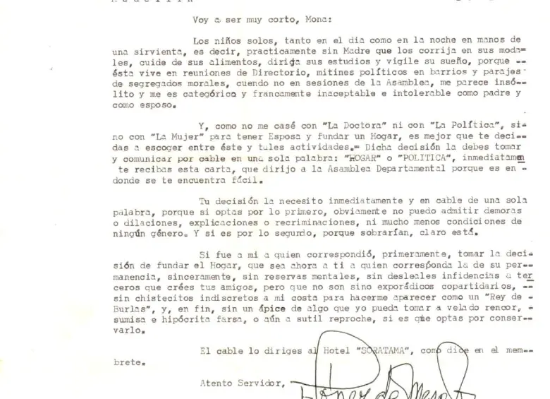 Esta es una carta que Francisco López de Mesa, esposo de Haydée, le envió pidiéndole recordar su rol de madre y ama de casa. Está expuesta en el Museo Cámara de Maravillas, ubicado también en La Piloto. FOTO: BPP 