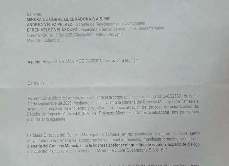 Concejo y Alcaldía de Támesis, en Antioquia, le cerraron las puertas a la mina Quebradona 