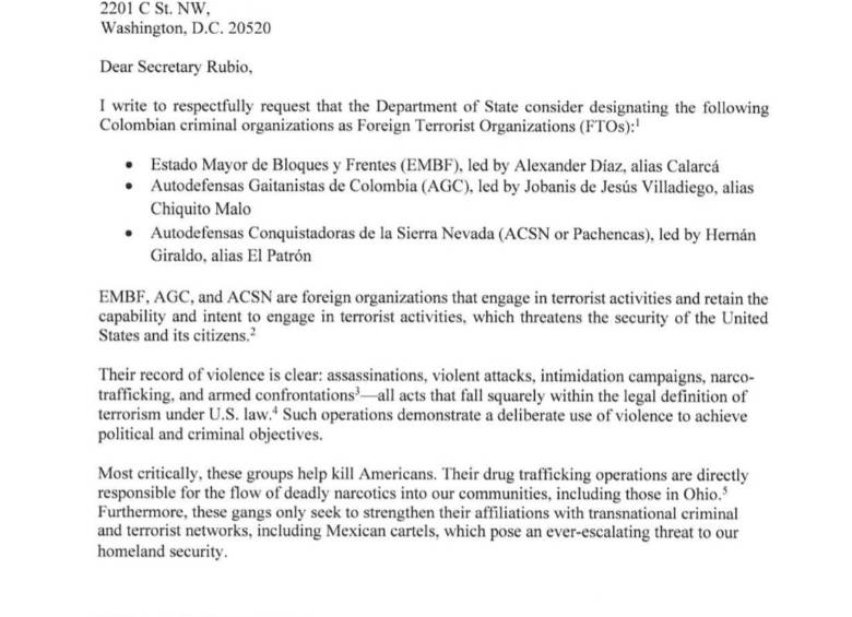 Senador de EE. UU. Bernie Moreno pide declarar terroristas a grupos con los que Petro busca la paz 