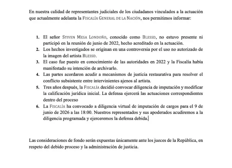 El comunicado de la defensa de Blessd tras la citación de la Fiscalía. FOTO Cortesía. 