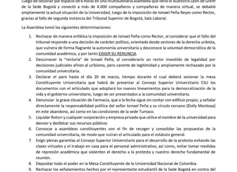 La decisión de la Asamblea Triestamentaria. Foto: redes sociales