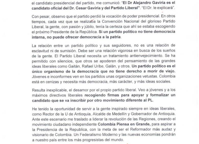 El duro reclamo de Luis Pérez al Partido Liberal por apoyo a Alejandro Gaviria