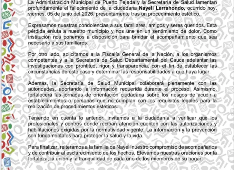 Comunicado de la Alcaldía de Puerto Tejada. FOTO: Redes Sociales.