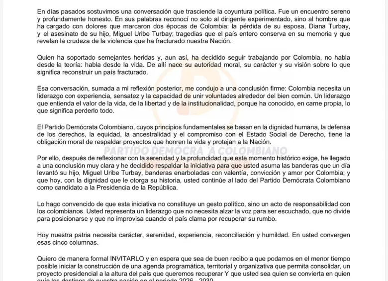 Misiva del Partido Demócrata Colombiano del 15 de diciembre de 2025. 