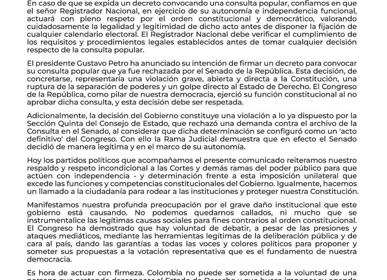 El comunicado de los ocho partidos. Foto: Redes Sociales Partido Liberal.