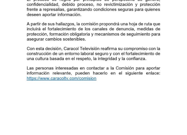 Estos son los miembros de la comisión que investigará las denuncias de acoso sexual en Caracol Televisión