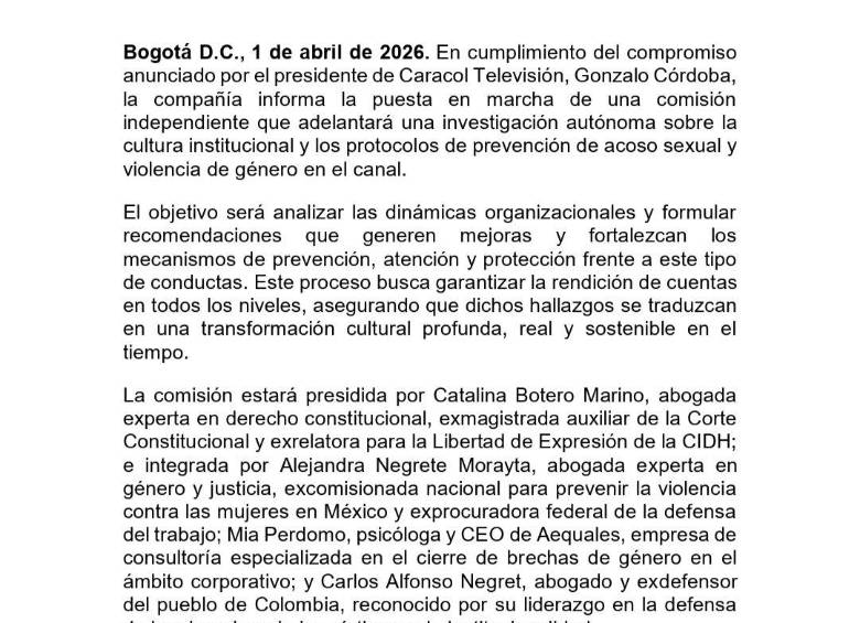 Estos son los miembros de la comisión que investigará las denuncias de acoso sexual en Caracol Televisión
