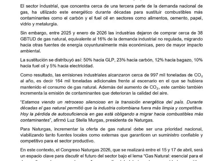 El 16% de la demanda industrial de gas natural en Colombia no renovó contratos y migró hacia GLP y carbón