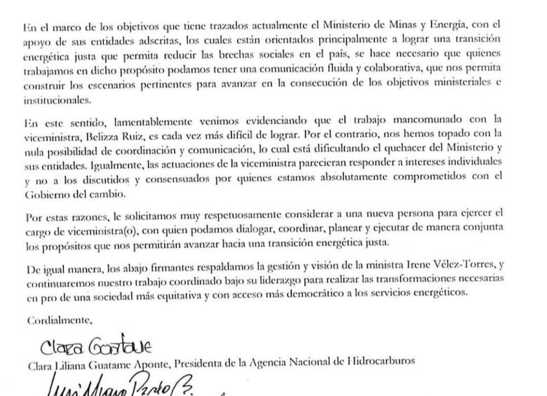 Entidades del Minminas le piden a Petro que acepte la renuncia de la viceministra Belizza Ruiz