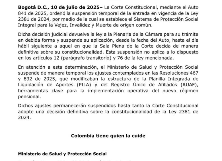 Comunicado de MinSalud.