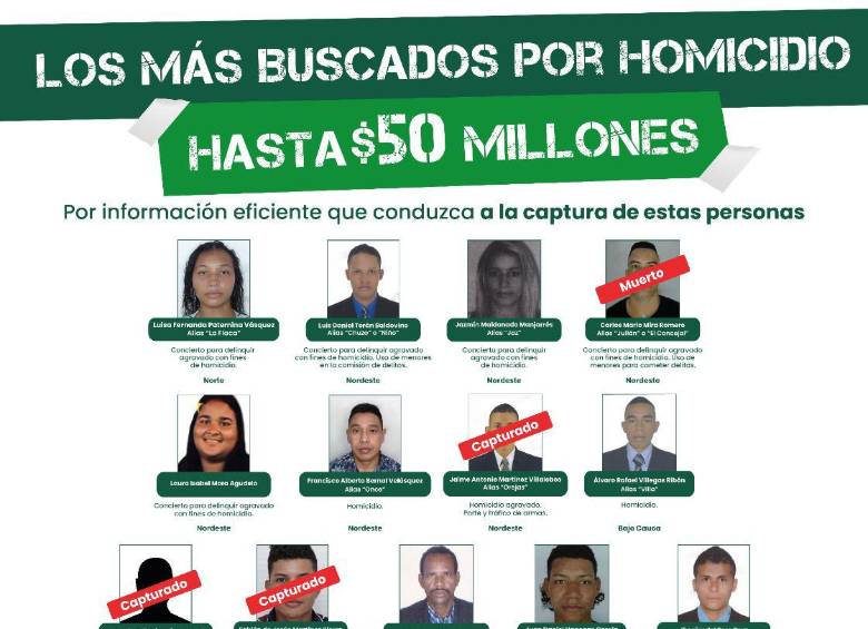 Gobernación ofrece hasta $50 millones de recompensa por cada uno de los más buscados en Antioquia, ¿quiénes son?