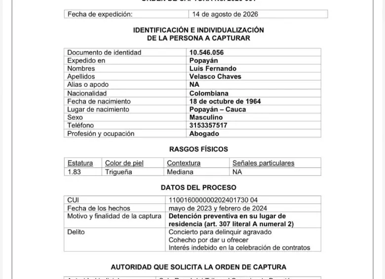 Orden de Captura de del exministro del Interior Luis Fernando Velasco. FOTO: Tribunal Superior de Bogotá.