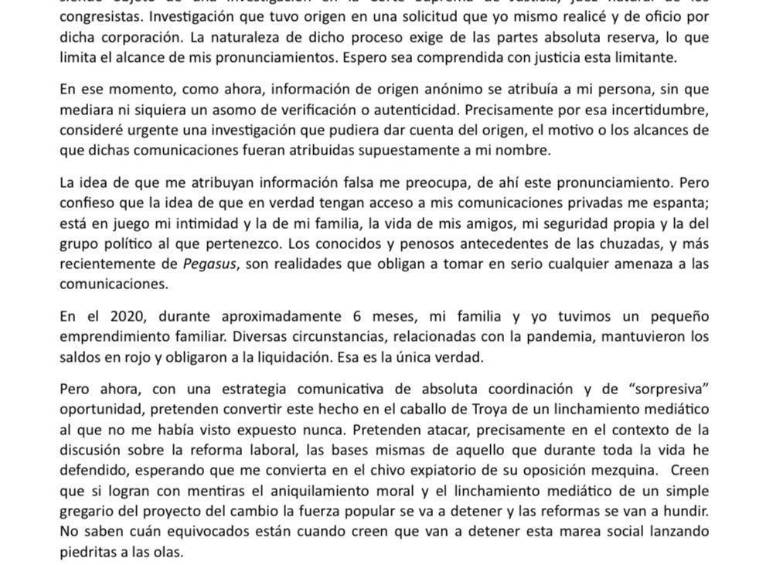 Comunicado de David Racero. Foto: Redes sociales.