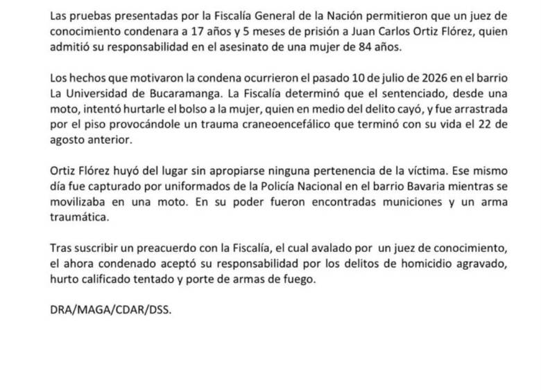 La Fiscalía General de la Nación logró una condena de 17 años y 5 meses de prisión contra Juan Carlos Ortiz Flórez por el homicidio de Raquel Guerrero en Bucaramanga. Foto: Fiscalía