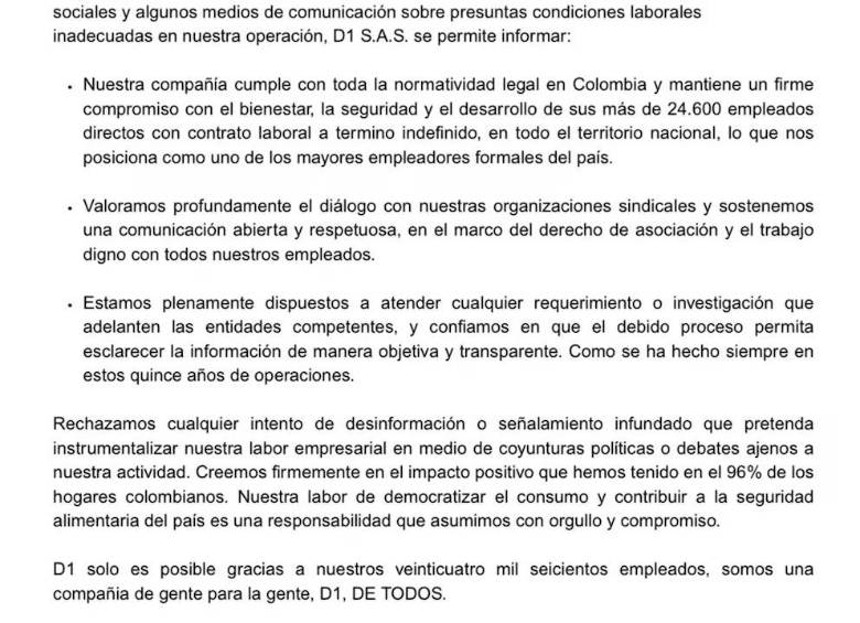 Respuesta de Tiendas D1.