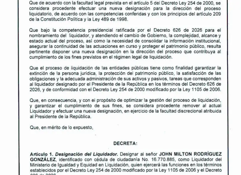 De la Espriella designó al pastor John Milton Rodríguez como liquidador de MinIgualdad
