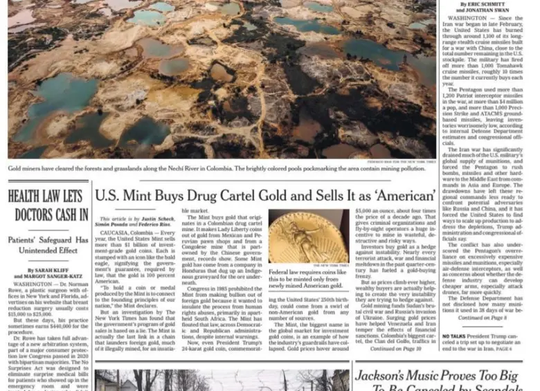 El New York Times reportó que Estados Unidos compra oro del grupo criminal más grande Colombia y lo vende como propio.